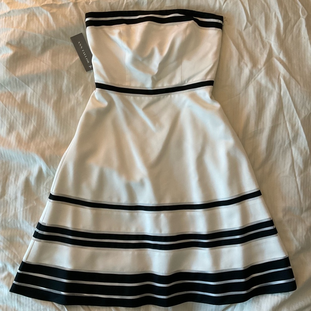 Ann Taylor Petites White Silk Strapless Dress with Black Trim